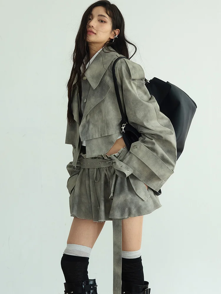 [EAM]  Gray Big Size Jacket Half-body Skirt Two Pieces Suit New Lapel Long Sleeve Women Fashion Tide Spring Autumn 2024 1DH7068