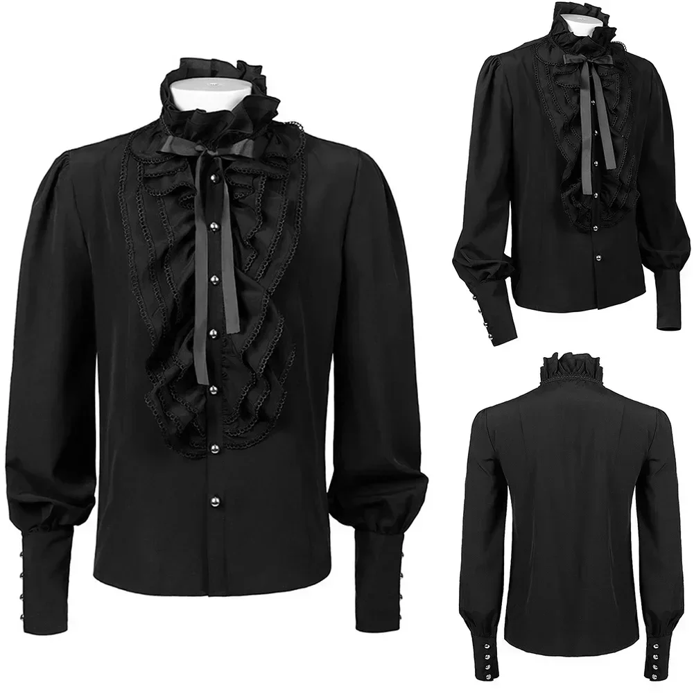 Vintage Gothic Shirt For Men Victorian Medieval Ruffle Pirate Puff Sleeve Solid Black Tops Shirts And Blouses Man Clothing