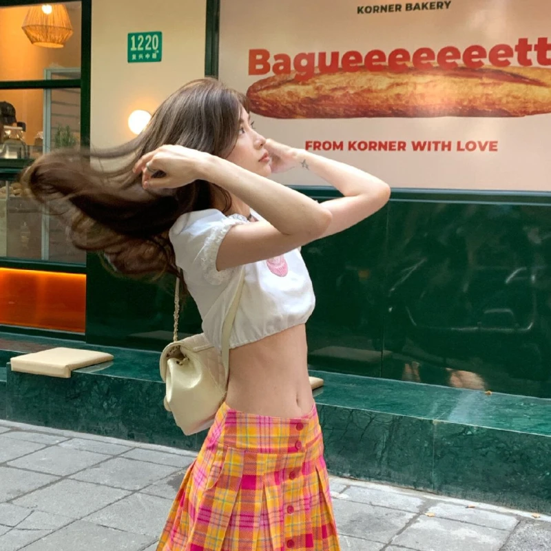 تنورة منقوشة بطيات من American Spice Girl للسيدات لربيع وصيف 2025، تنورة لطيفة