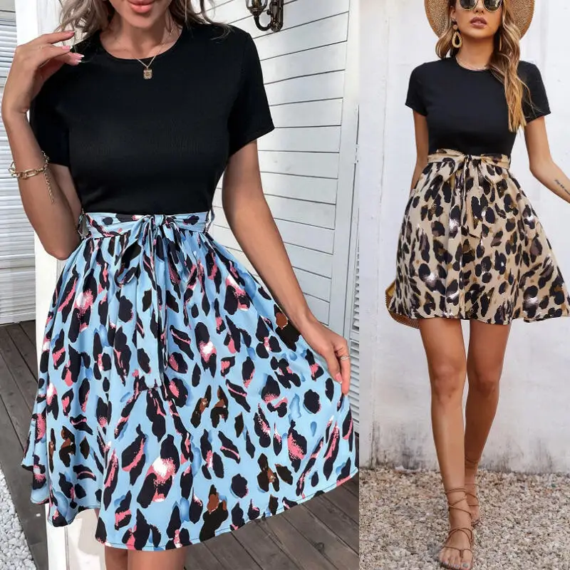 Leopardenmuster-Kleid für Damen Europäisch-Amerikanischer Sommer-Stil mit Kurzen Ärmeln und Taillengürtel
