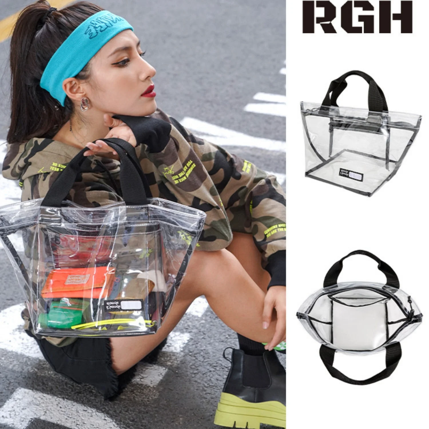 RGH Security Friendly Clear PVC Tote Bag, Large Waterproof Dustproof Handbag for Women Beach Swimming Fitness