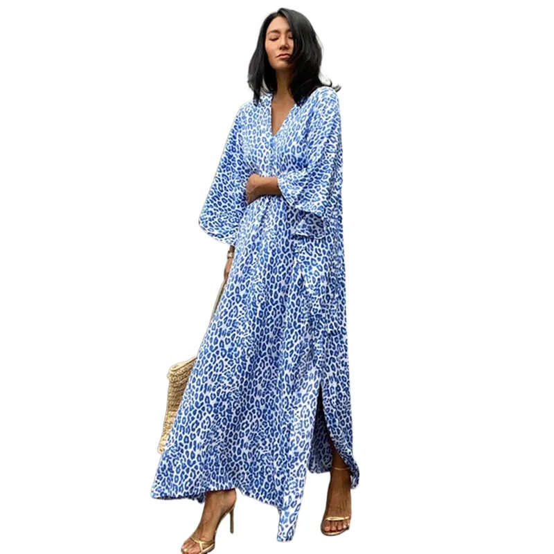 Blue Leopard Printing Bikini Cover Up Long Kimono Cardigan Loose Tunic Women Dress Beach Wear Swim Suit Cover Up