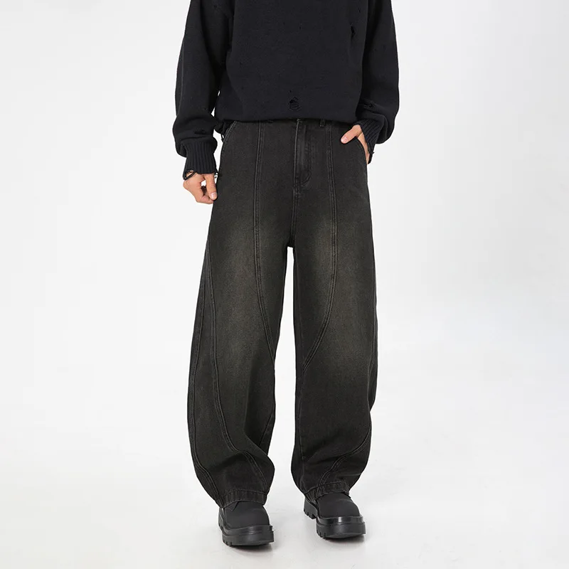 

Split Design Scimitar Jeans With Button Pocket Men Spring New Washed Vintage Loose Straight Casual Long Pants Wear Handsome AWFL