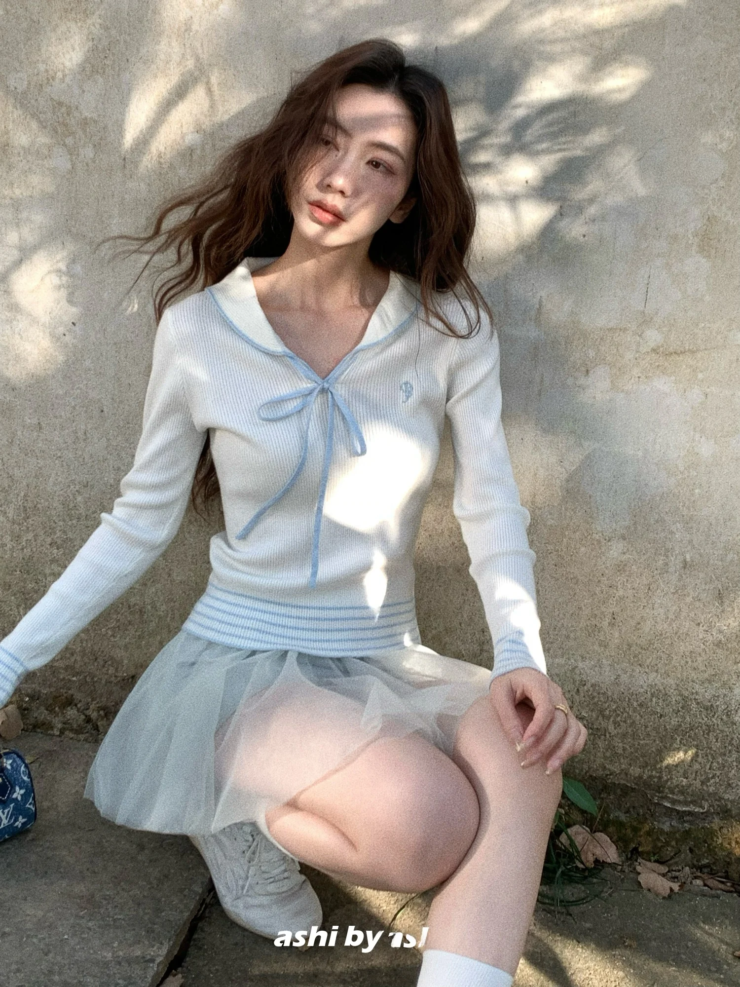 

Naval Collar Knitted Sweater with Knot Bow Color Blo Women's Faion Soft Acrylic Blend Long Sve Vintage Sle