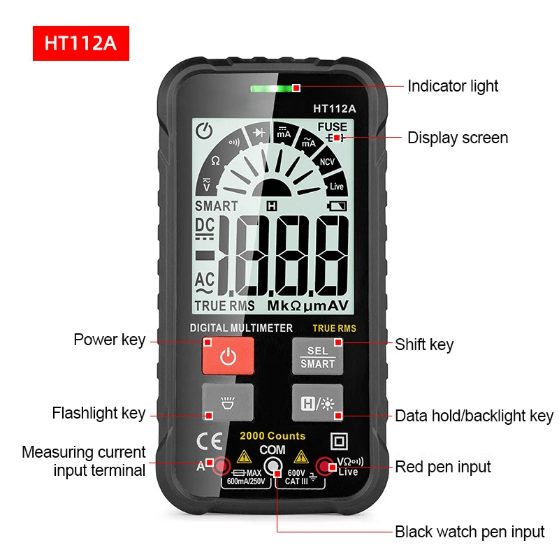 HT112A HT112B Digital Smart Multimeter Auto Range DMM Voltmeter True RMS NCV Voltage Meter 2000/6000 Counts Smart Multiteste