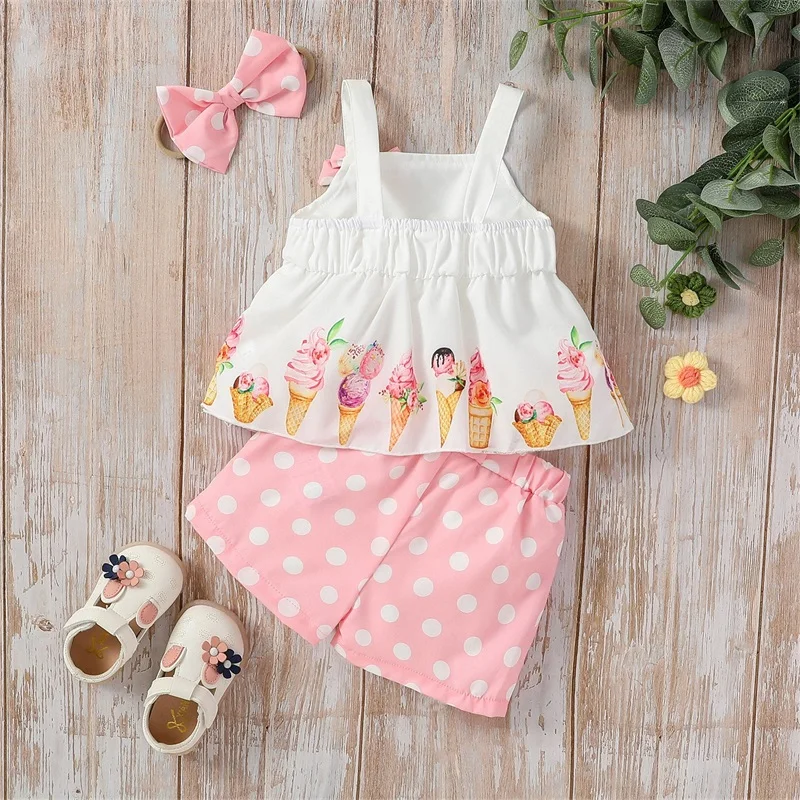 Kid Girls Pants Suit, Casual Street Sleeveless Ice Cream Print Vest Tops + Dot Print Loose Shorts + Head Band