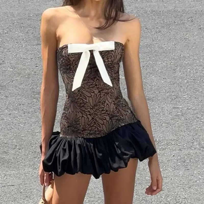 

Sexy Off Shoulder Strapless Lace Bubble Hem Dress Women Bowknot Decor Tube Dress Summer Backless Wrap Bodycon Mini Dress Party