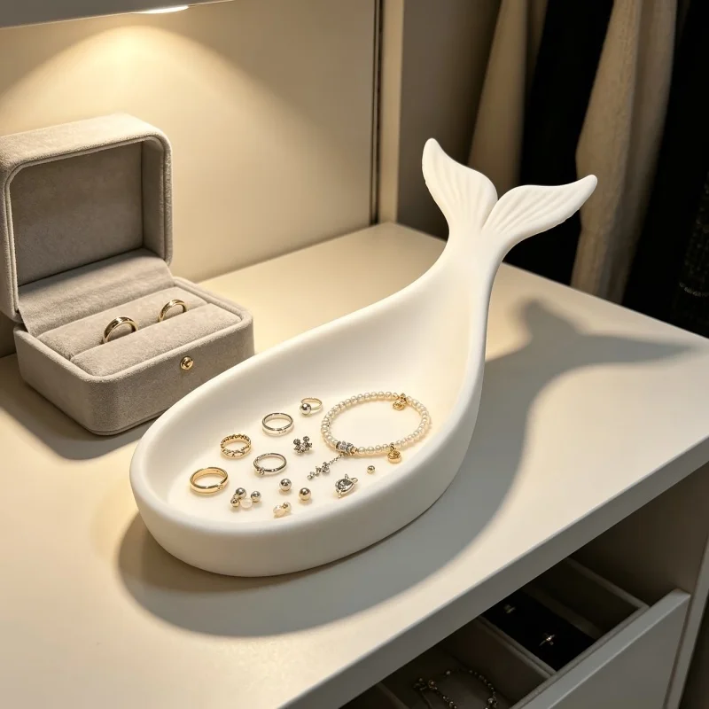 Plastic 3D Printed Whale Tail Jewelry Tray Creative Fish Fin Ring Holder Earring Organizer Decorative Desk Storage Dish