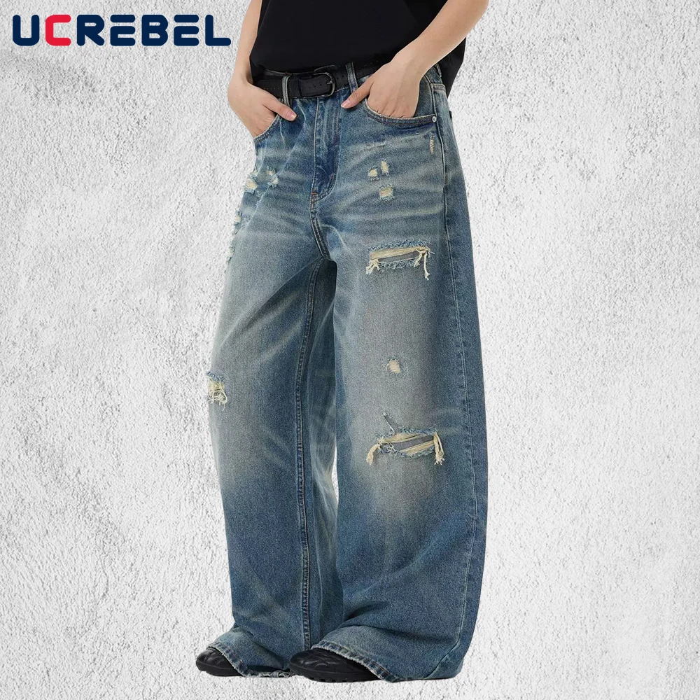 

Retro Beggar Jeans Mens Pocket High Street Washed Distressed Straight Baggy Wide Leg Denim Pants Man