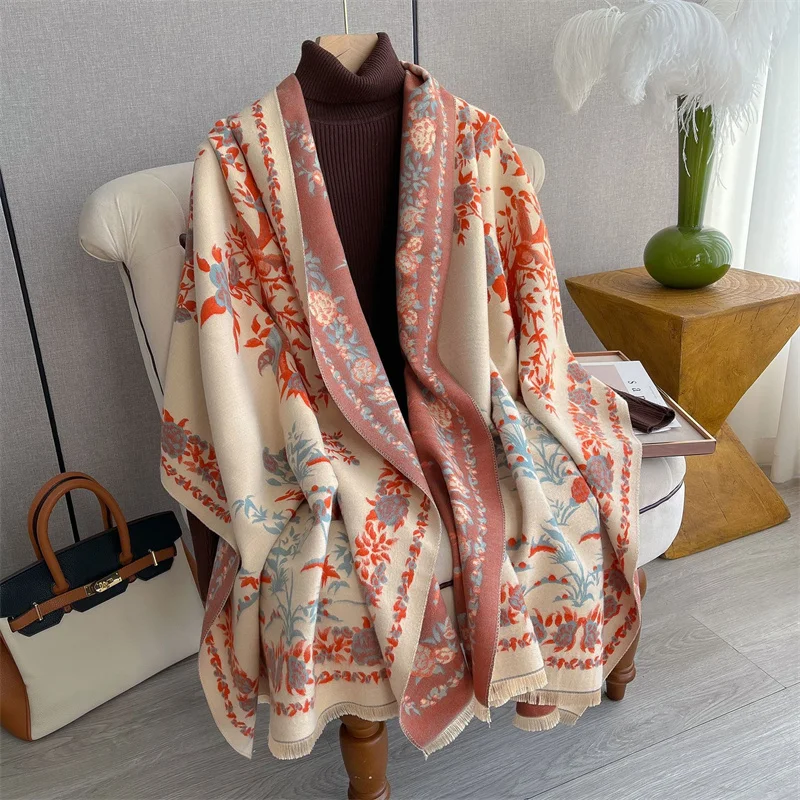 2023 Fashion Winter Warm Cashmere Shawl Scarf for Women Flower Print Pashmina Thick Scarves Wrap Femal Poncho Echarpe Bandana