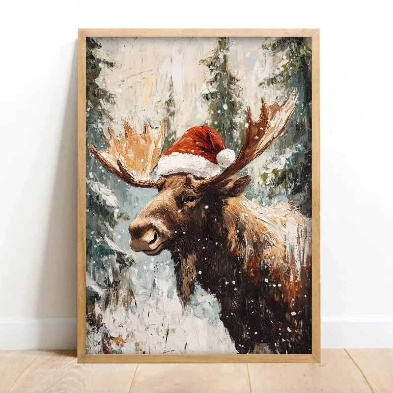 Christmas Moose with Santa Hat Canvas Wall Art Snowy Winter Forest Animal Print Holiday Farmhouse Unframed Canvas Poster