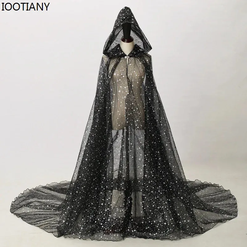 

qa156Хэллоуин однотонная блестящая накидка «Звездное небо» с длинным хвостом женский плащ с капюшоном готический панк вечерние сценический костюм из тюля C