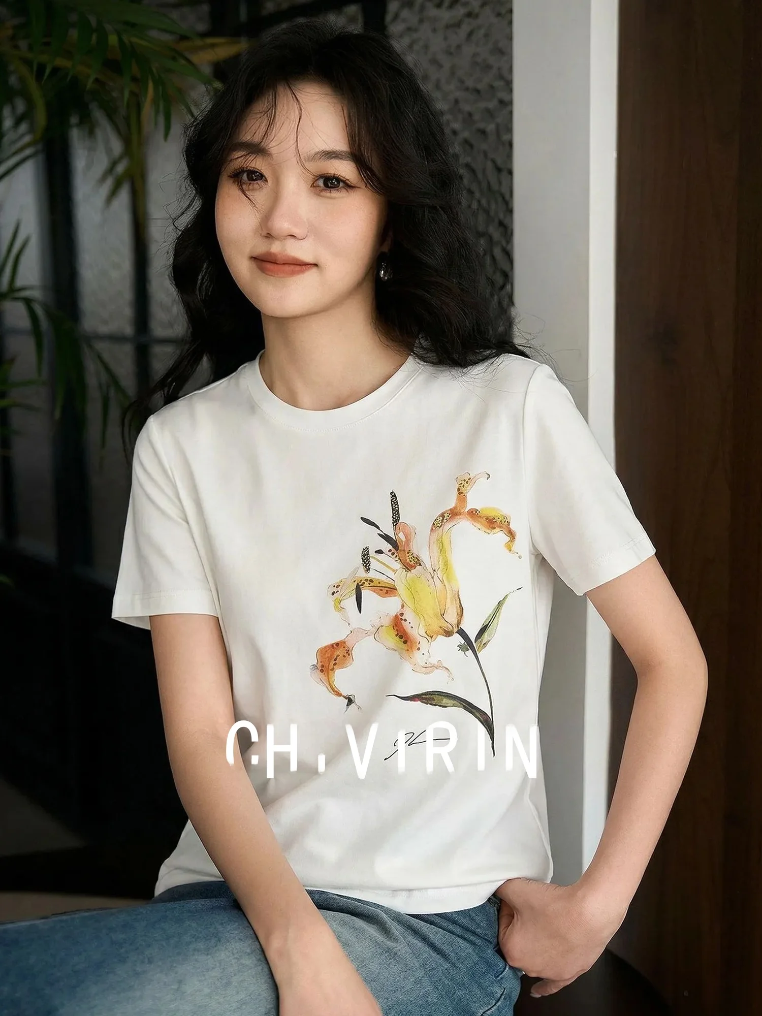 

Chivirin Pure Cotton Short Sleeve T-Shirt Women's Summer White round Neck Slimming Anti-aging Print Casual Fashion Top