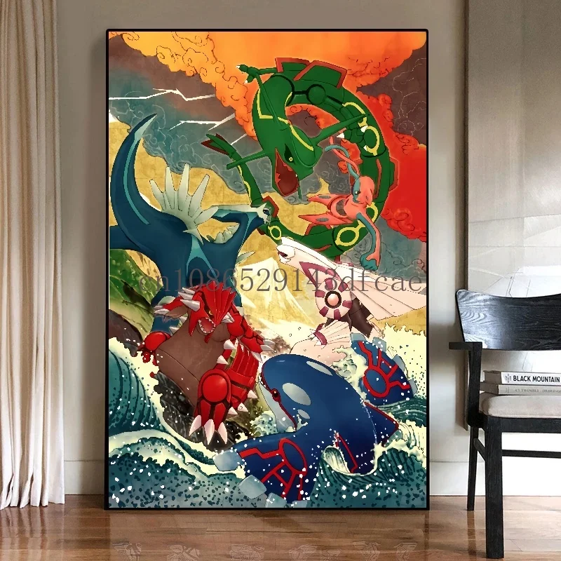 Japanese Anime Peripheral Pokemon Poster Decor Pikachu Rayquaza Wall Art Watercolor Canvas Painting Modern Room Decor Picture