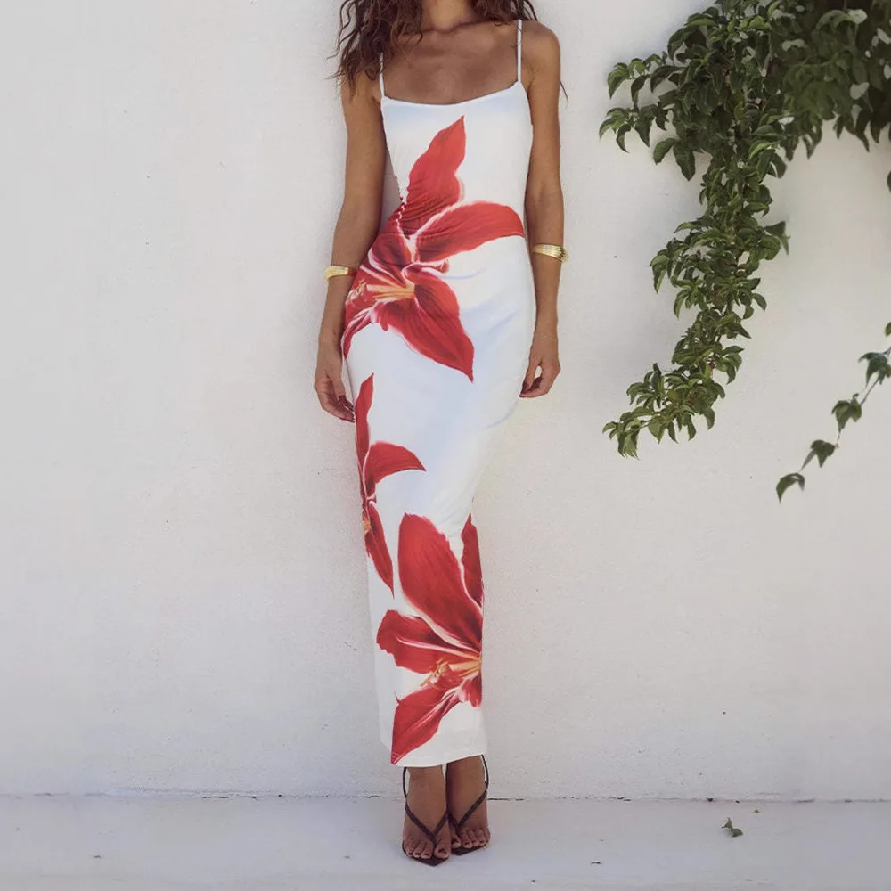 

2025 New Summer Elegant Floral Print Sexy Elegant Sleeveless Bodycon Slim Fit Long Maxi Dress Sleeveless for Women