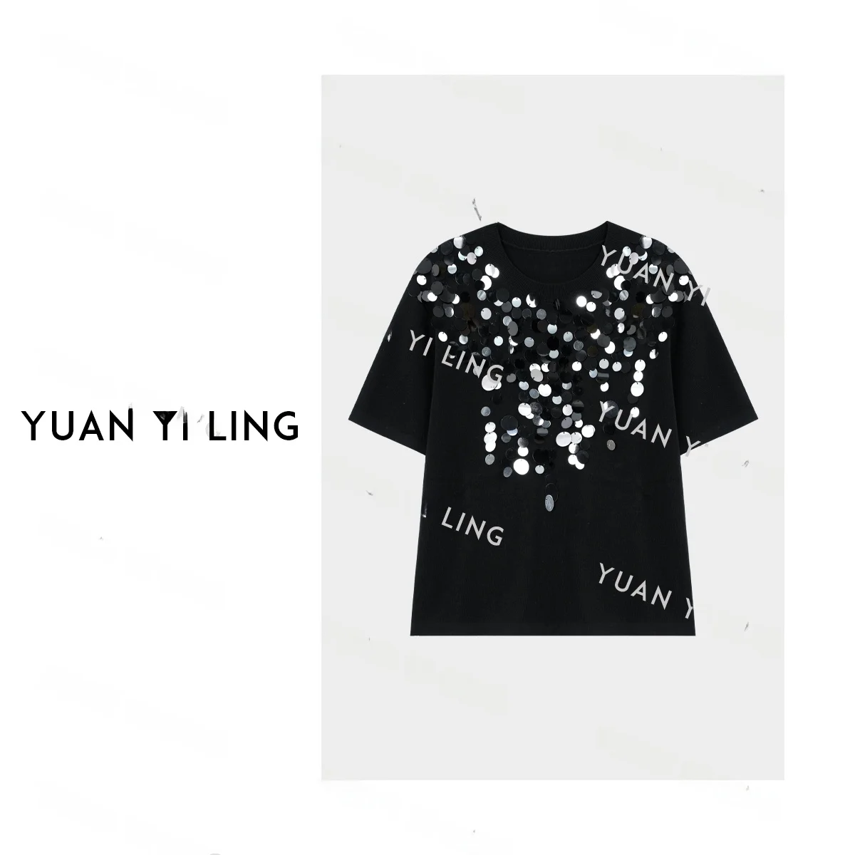 

Женская повседневная трикотажная футболка Yuan Ling Starry Heavyweight с пайетками, облегающая, с круглым вырезом, однотонная, из смесовой шерсти