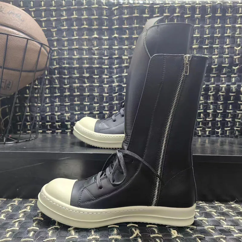 Men Genuine Leather Mid-Calf Boots Luxury Trainers Lovers High Top Boots Casual Lace-Up Zip Flats Hip Hop Male Shoes