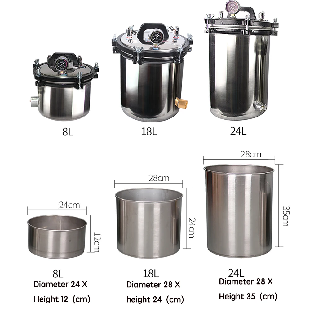 8L Portable Stainless Steel Heating Autoclave High Pressure Sterilizer Sterilization Pot Pressure Steam