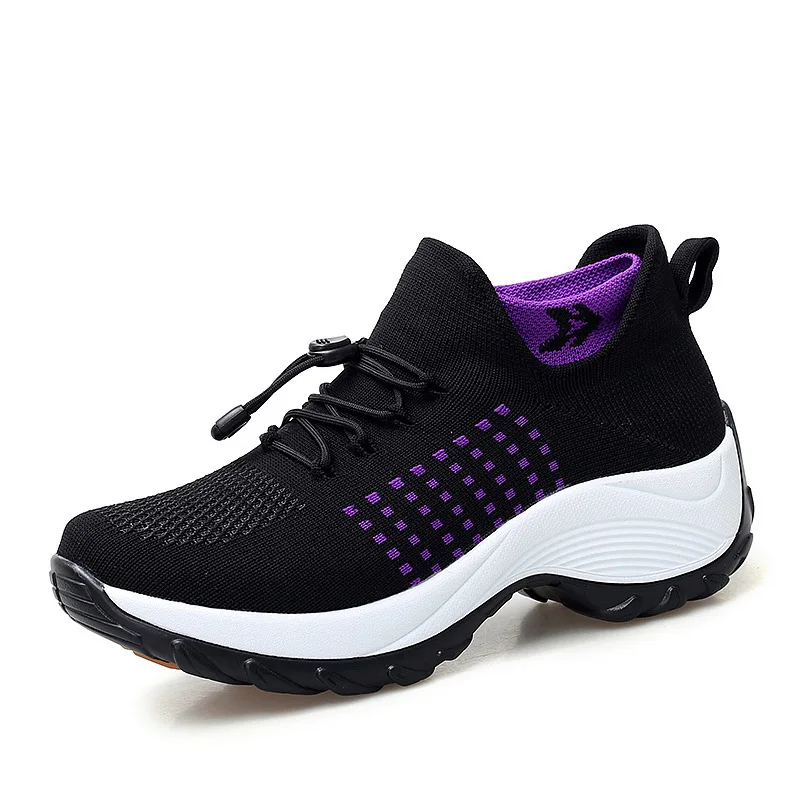 Large Size Women's Shoes Mom's Shoes Female Casual Flying Woven Senaker Foreign Trade Elderly Shoes Lace Up Thick Sole
