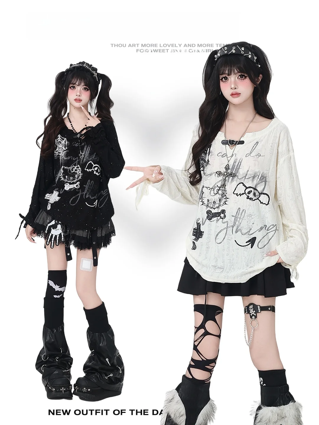 

Crazygirl Sweet Cool V-ne Leather Bule Design Long Sve Loose Versatile T-irt Scarf Hole Punching Trendy Women's Top