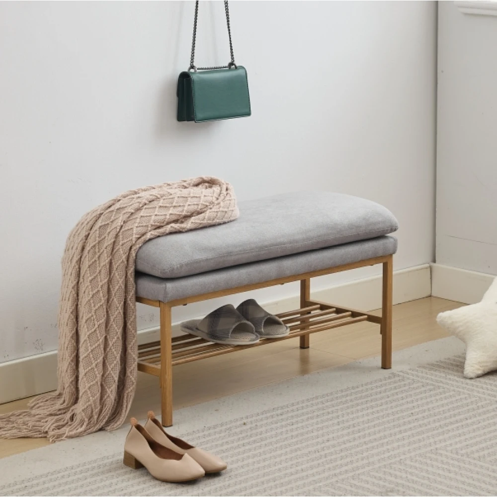 

End of Bed Bench with Shelf,Upholstered Storage Shoe Bench, Modern Bedroom Bench with Metal Legs for Living Room, Entryway Stool