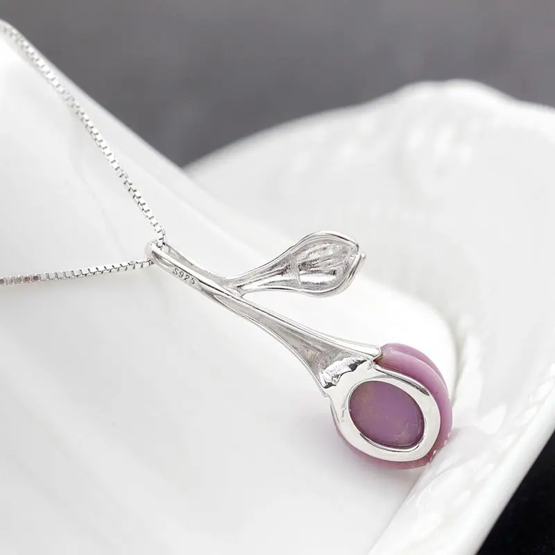 Authentic 925 Sterling Silver Pendant Retro Style Magnolia Petal Design Inlaid Natural lepidolite Creative Trendy Pendant Gift