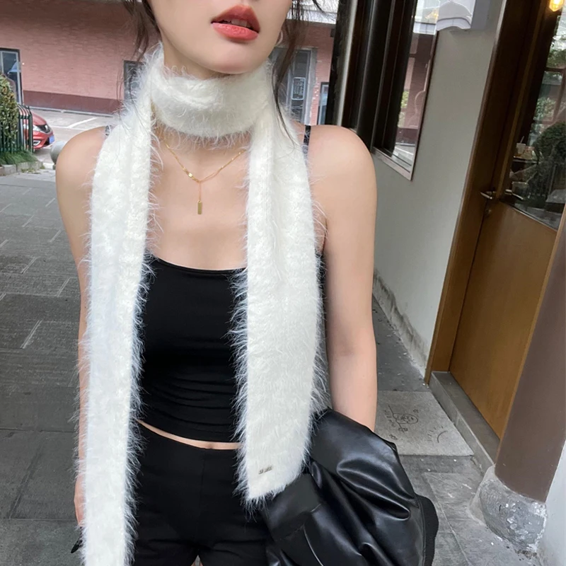 

Korean Y2K Long Warm Mink Fur Scarf Plush Warm Knitted Shawl Fashion Imitation Skinny Scarves
