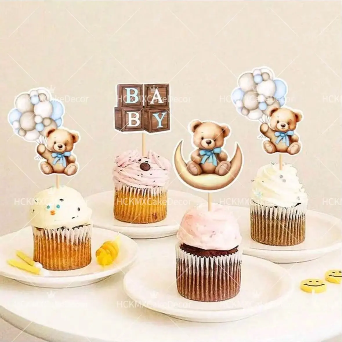 12pcs/24pcs Teddy Bear Cupcake Toppers BABY Block Balloon Cake Picks for BabyShower Gender Reveal Birthday Party Decorations - view 2