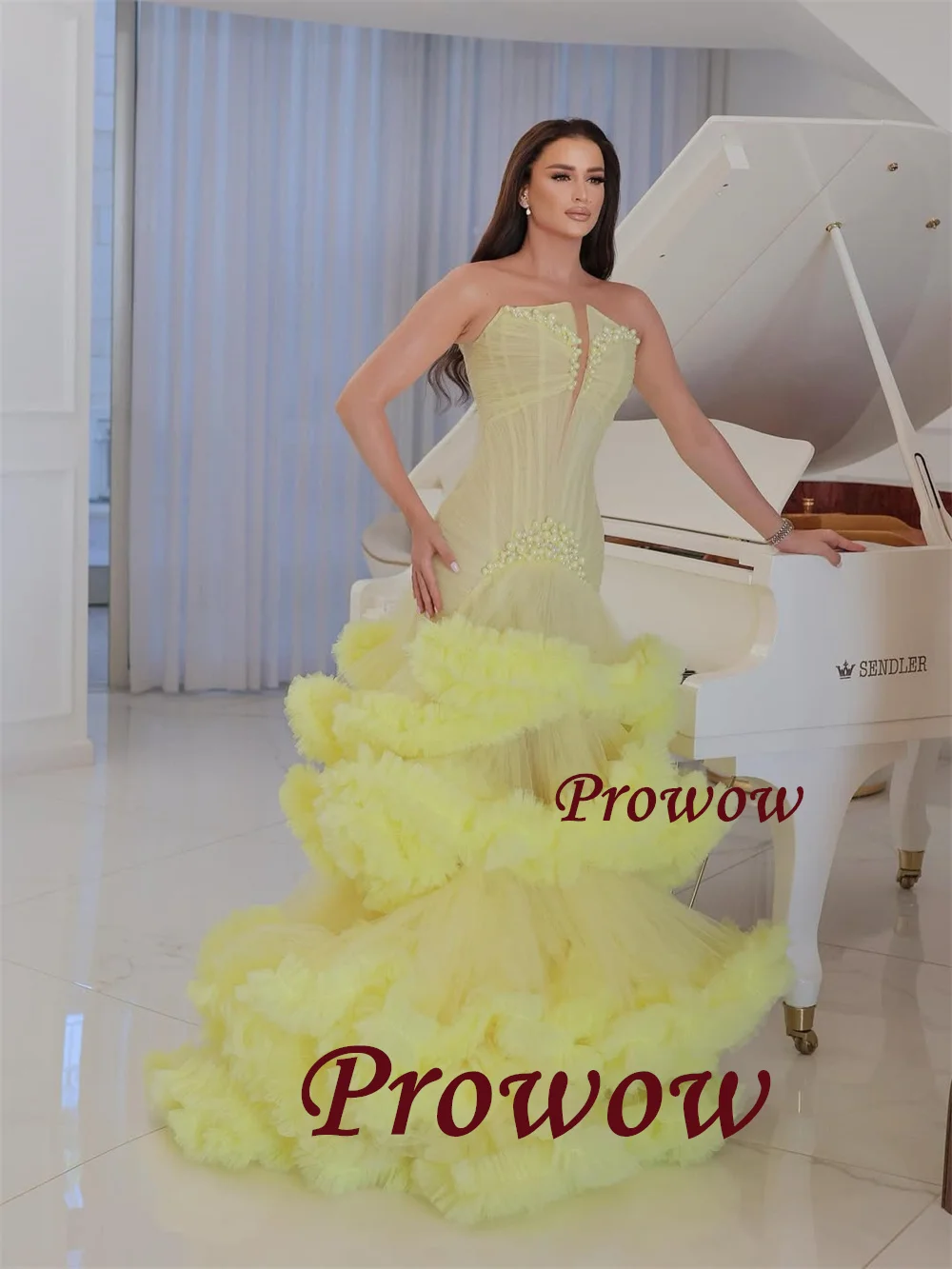 Prowow Gaun Malam Ruffles Kuning Mewah Gaun Prom Acara Khusus Gaun Pesta Pernikahan Khusus