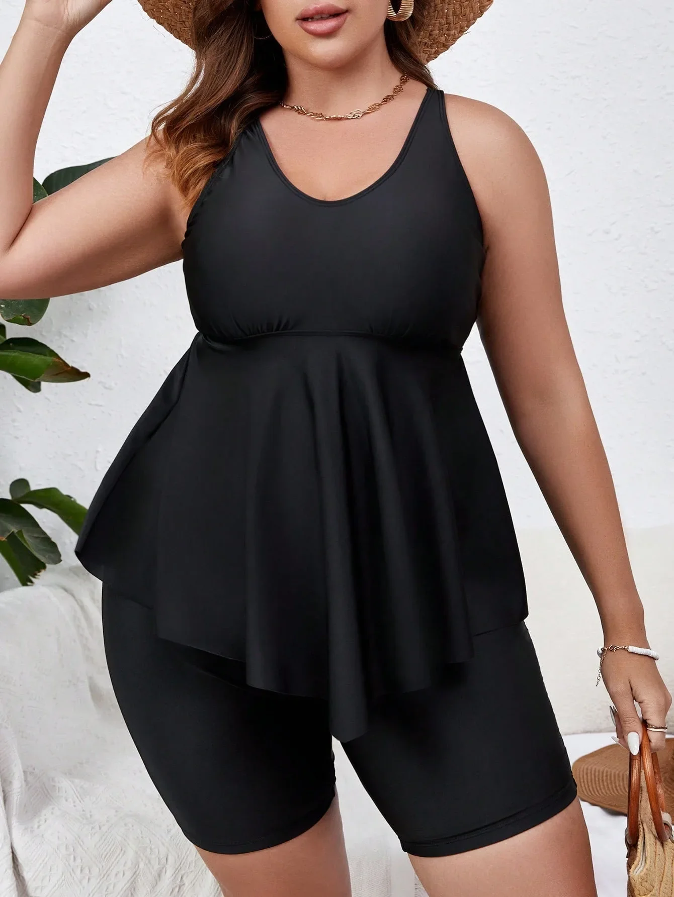 

Solid 2 Piece Plus Size Tankini Set Women Push Up Large Big Swimsuit Beach High Waist Chubby Curvy Bathing Suit