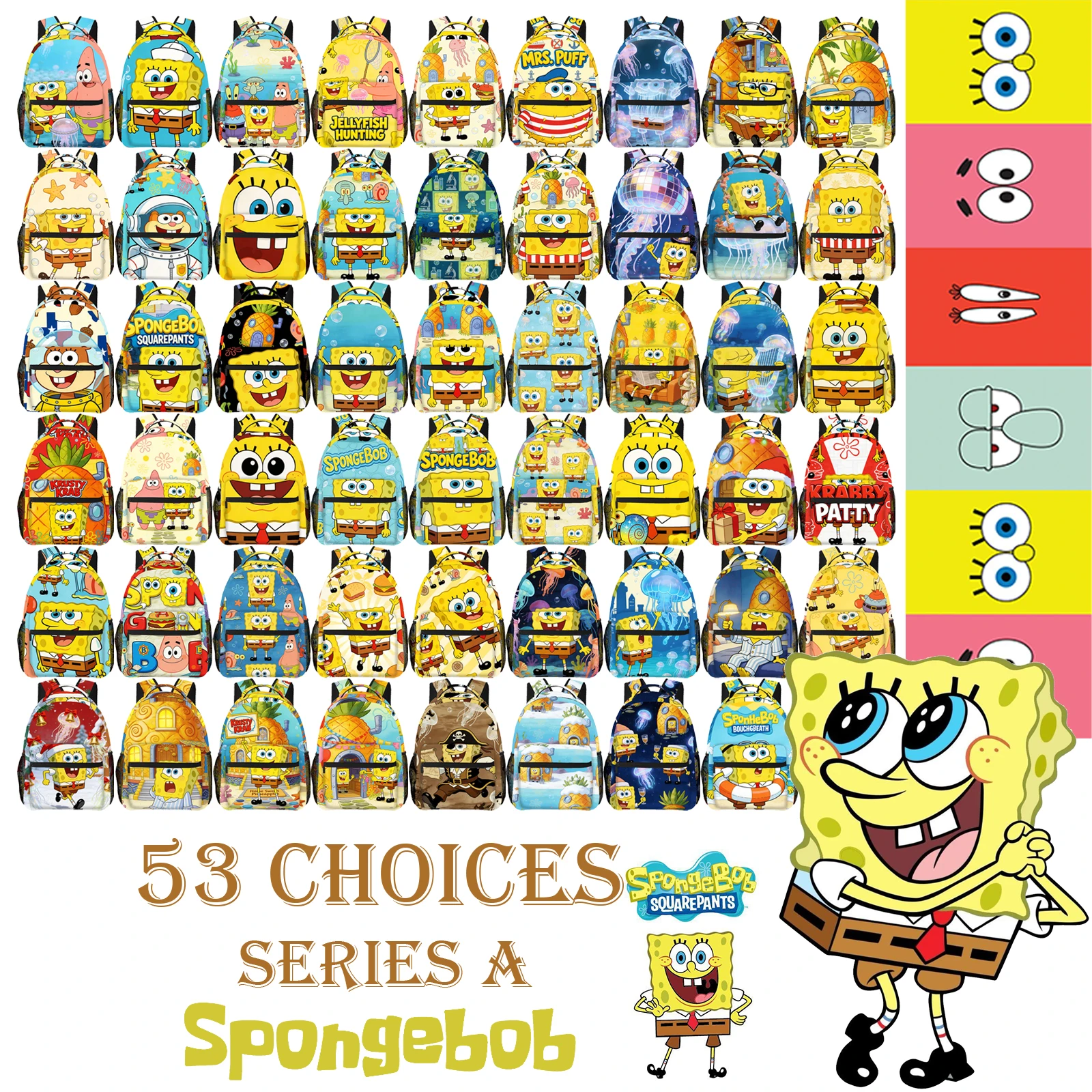 

Рюкзак с принтом мультфильма Губка Боб, 1 шт., регулируемые лямки, 53 дизайна, подходит для повседневных поездок на работу