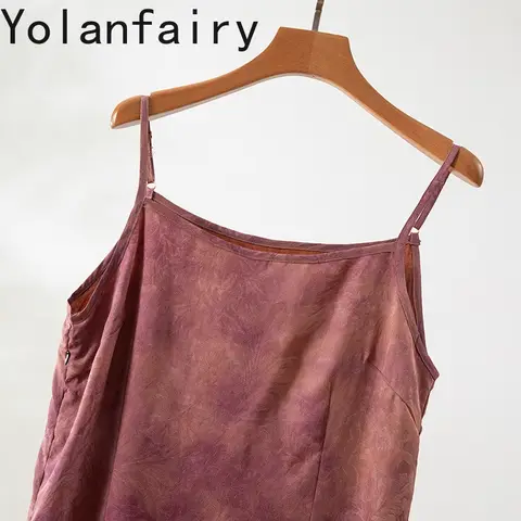 YOLANFAIRY 2025 Vintage Gaze Sidenklänning Spaghettiband Sidodragkedja 100% Mullbärssidens Basklänning Eleganta Damklänningar Sommar 10 best sales 100 sidenklänningar - №2