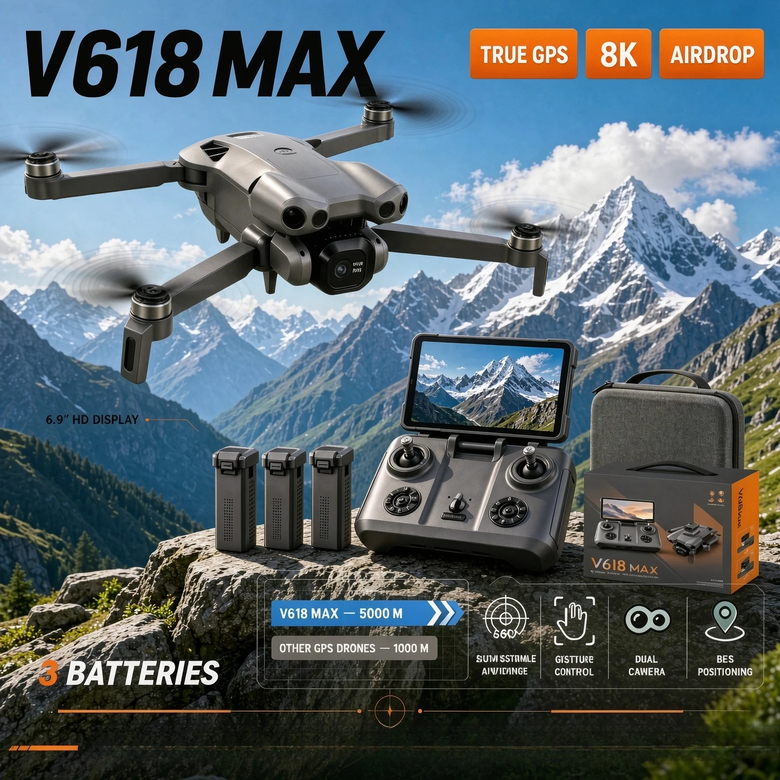 [Brand+] V618 MAX GPS Foldable Drone 6.9‑Inch Screen Remote 4K UHD Dual Camera 5G FPV Brushless Motor Airdrop RC Quadcopter