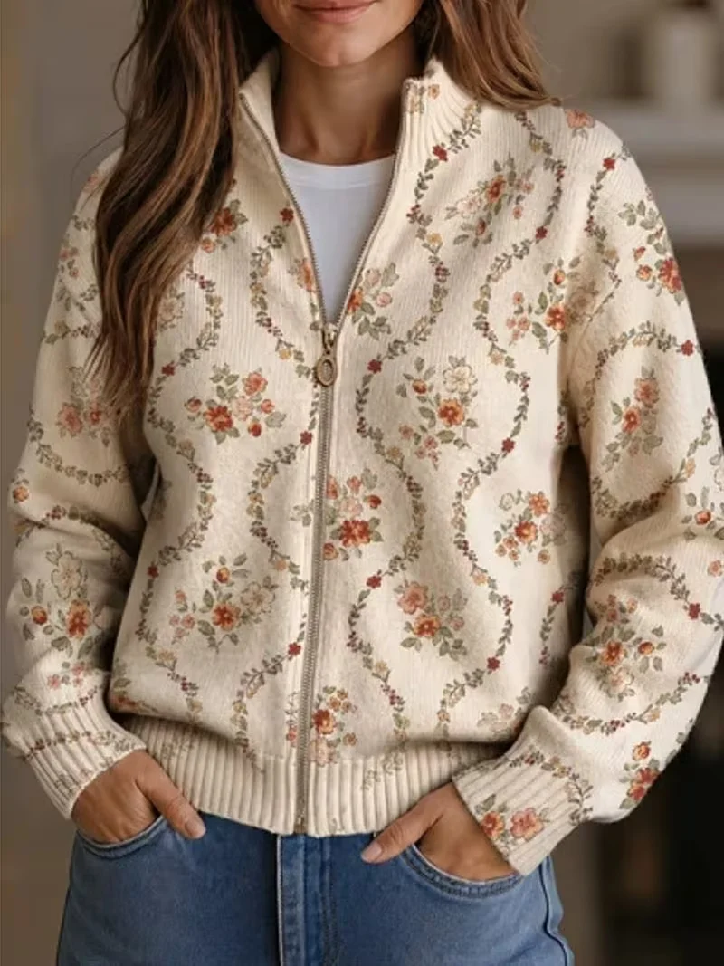 Women's Winter Outdoor Windproof Warm Stand Collar Jacket with Cotton Filling And Fleece Retro Vine Floral Print Design