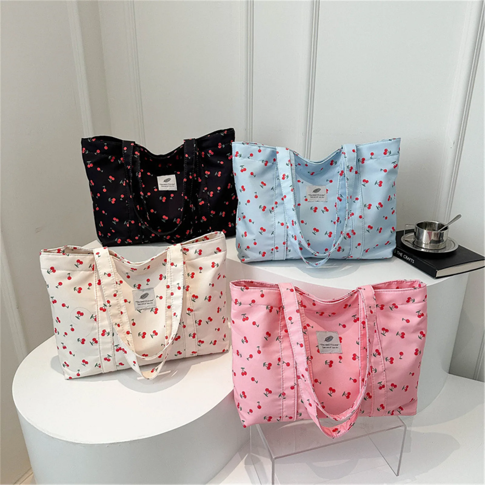 Bolso de mano informal con Estampado de cereza para mujer, bolsa de compras de gran capacidad, bolso de mano estético de nailon, bolso de comestibles para mujer