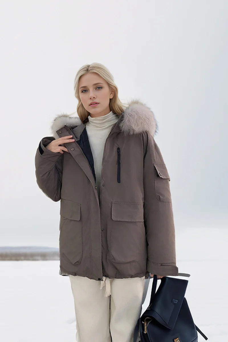 Cargojassen Voor Dames Nieuw Donsjack Voor De Winter, De Halflange Capuchon Heeft Een Loszittende Bontkraag En Verdikt Warme Jas