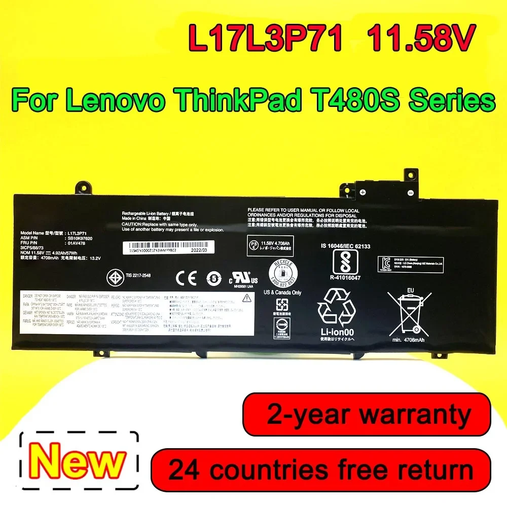 

NewL17M3P71 Laptop Battery For Lenovo ThinkPad T480S Series 01AV478 01AV479 01AV480 L17L3P71 L17M3P72 SB10K97620 SB10K97621 57Wh