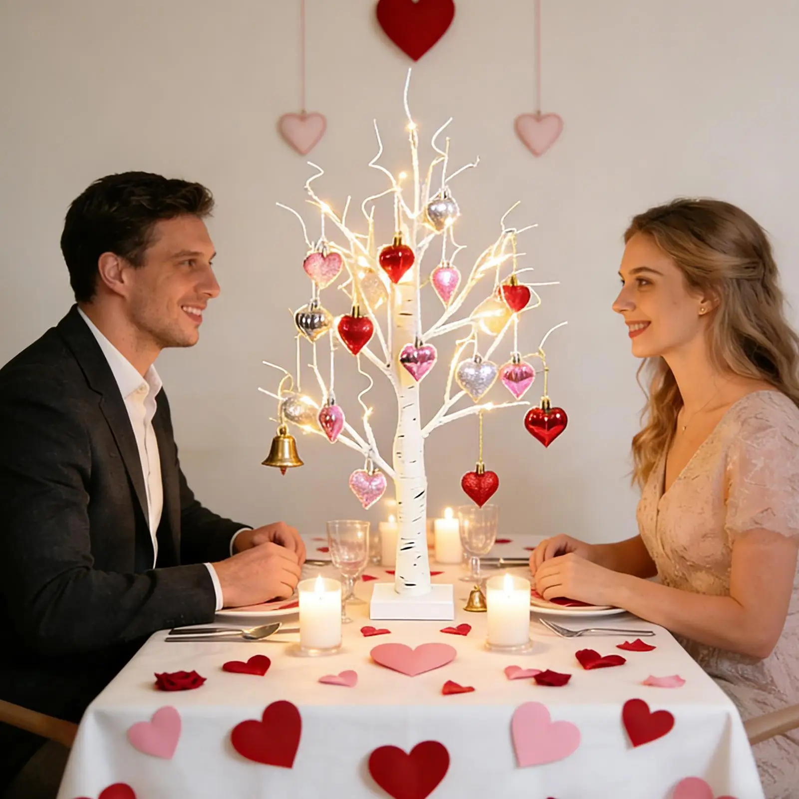 Valentine Tree Romantic Glow Birch Decoration with Timer 24 LED Lamp Light Tree with 18 Heart Ornaments for Home Indoor Tabletop
