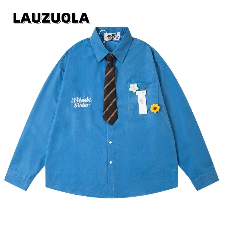 Camisa Uniforme Estilo Coreano para Mulheres com Gravata Destacável e Bordado Floral, Blusa de Manga Longa Casual e Solta