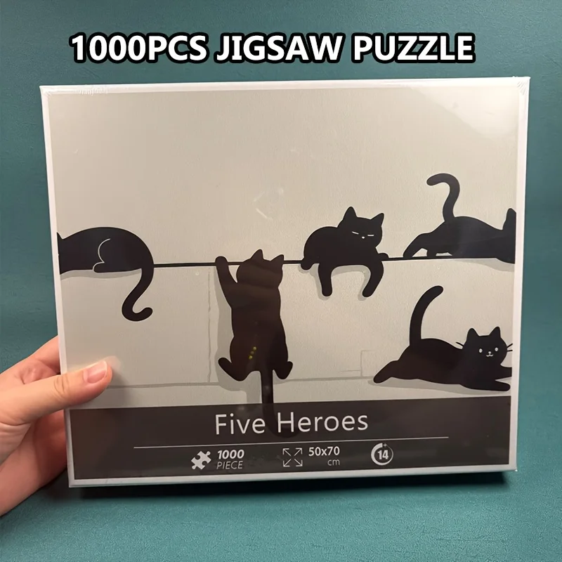 

1000-Piece Premium White Cardboard Jigsaw Puzzle Black Cats Design on White Background, Finished Size 70x50 cm Perfect Gift