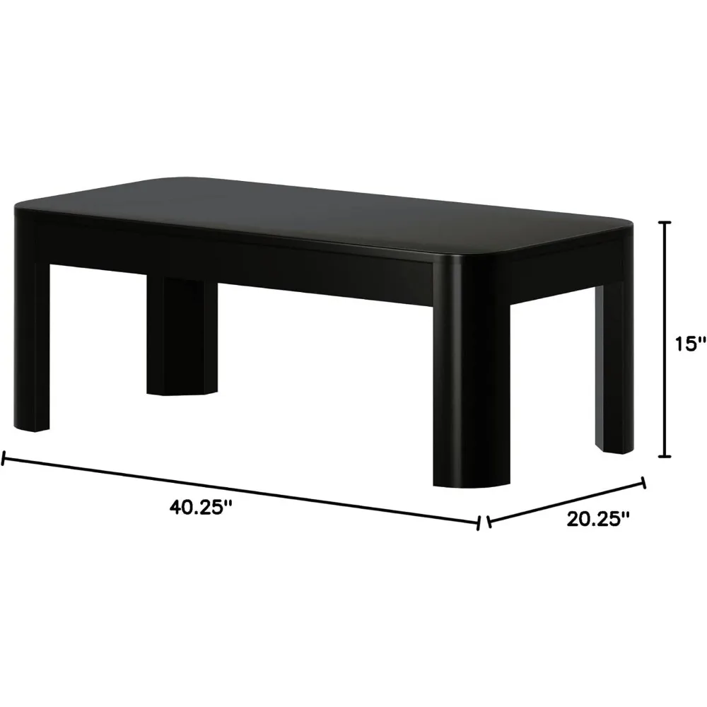 Small Modern Rounded Coffee Table, 40 Inch, Solid Wood Contemporary Center Table for Living Room, Rectangle Tea Table, Black