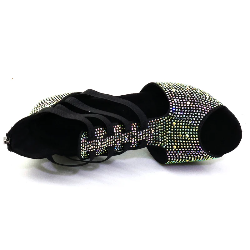 Zapatos latinos de diamantes de imitación de alta gama para mujer, suelas suaves profesionales de interior, cordones de baile de alta gama, zapatos de baile de tacón alto de diamante