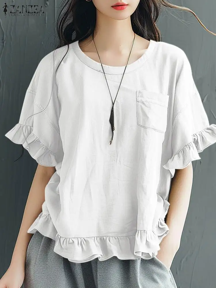 

ZANZEA Fashion Ruffle Solid Blusas Women Summer O-Neck Blouse Korean Short Sleeve Tops Shirt 2024 Casual Loose Tunics Oversized