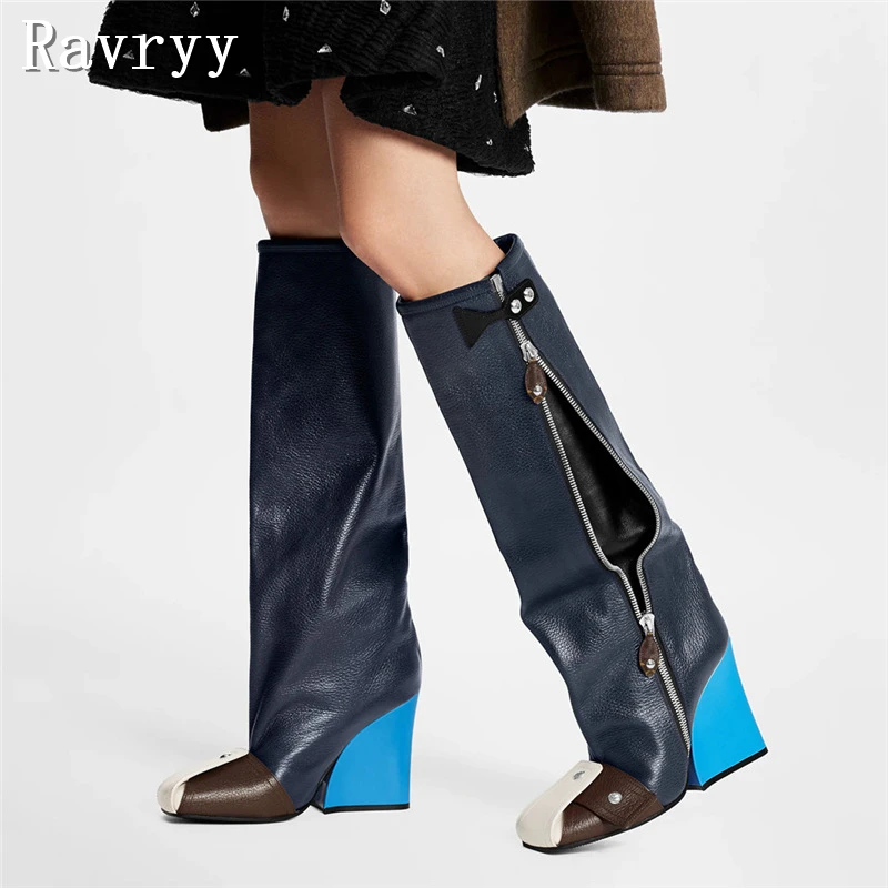 

Winter New Rivet High Heel Long Boots Square Toe Buckle Side Zipper Motorcycle Boots Casual Personality Knee High Boots