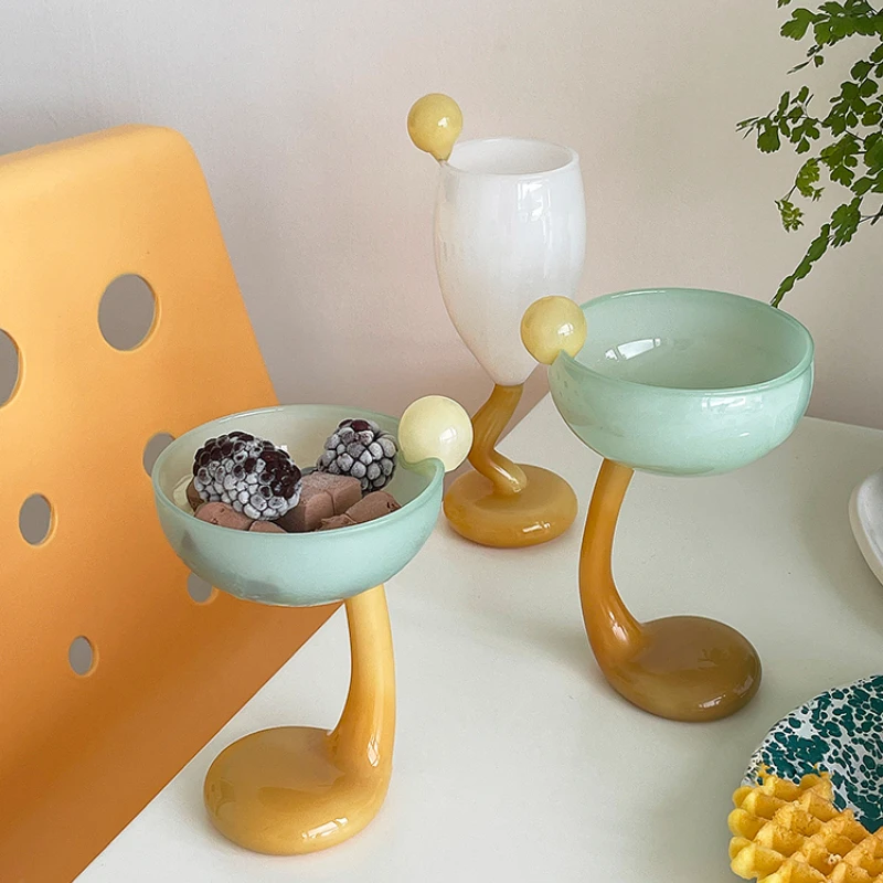 Creative Colorful Glass Goblet Ice Cream Bowl Glass Cup Cold Drink Fruit Tea Dessert Cup Decorative Drinkware Water Bottle