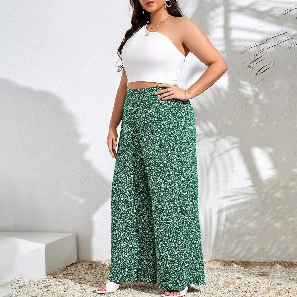 Plus Size Women Pants Elastic Waist Wide Leg Flower Print High Waist Polyester Loose Casual Women Long Trousers Streetwear