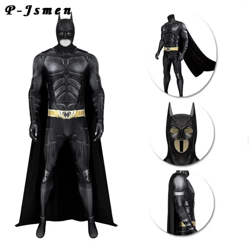 

P-Jsmen Adult Dark Knight Cosplay Costume Bruce Wayne Jumpsuit Superhero Battle Costume Printing Halloween Bat Outfit Mask