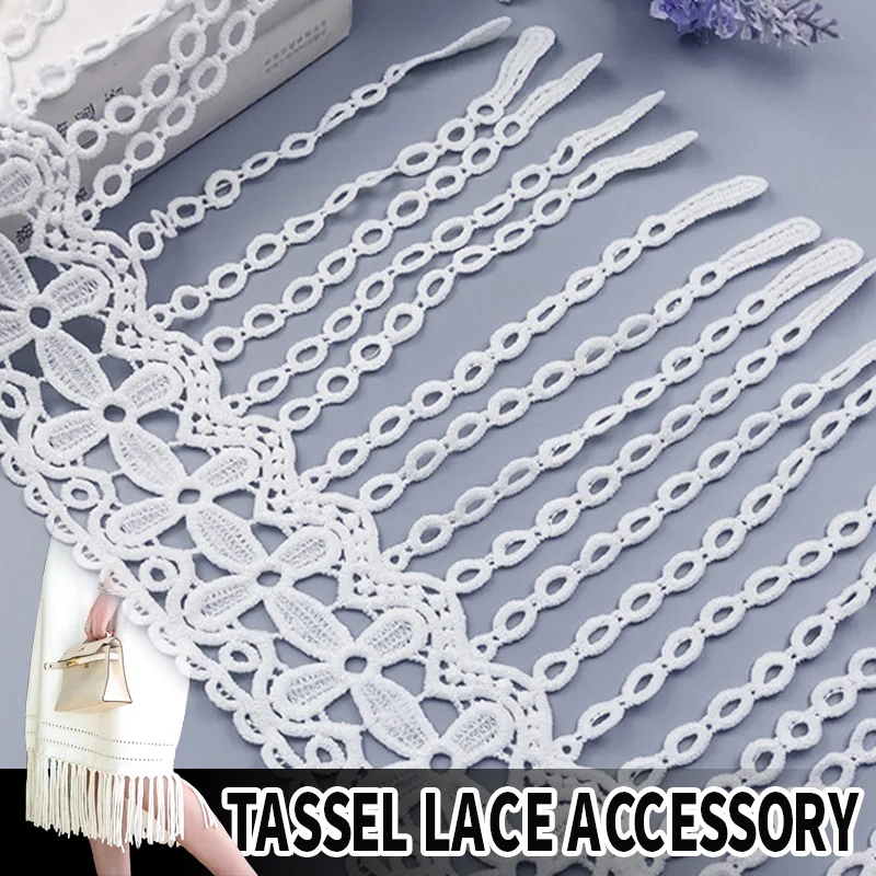 

5 Yard 20cm Hollow Out Floral Embroidered White Lace Ribbon Fringe Lace Trims Dress Curtain Garment Decor Tassel Handmade Craft