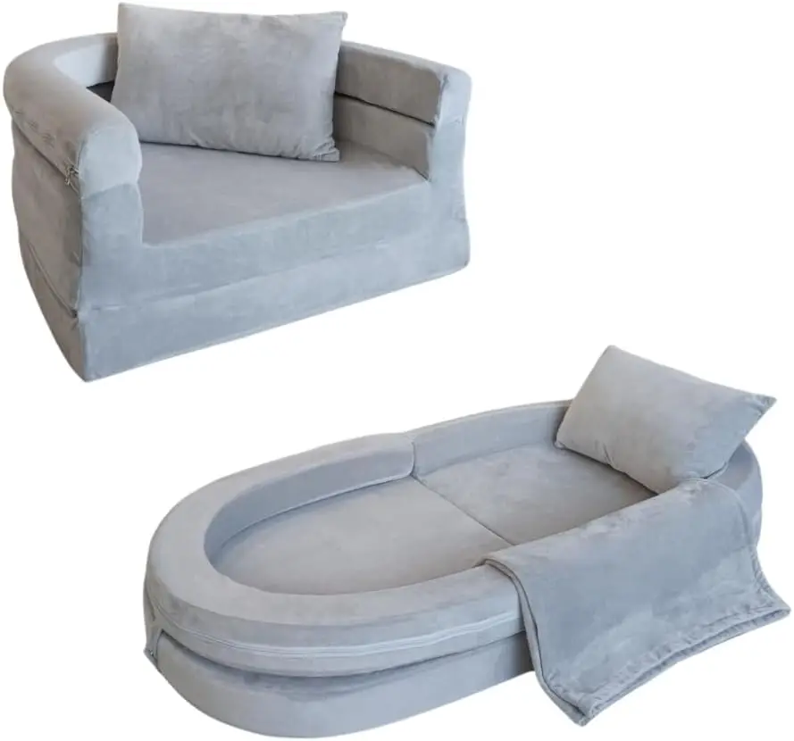 

Convertible Foam Sofa with Blanket & Pillow, 3-in-1 Foldable Lounger Chair and Floor Bed for Kids (Grey)