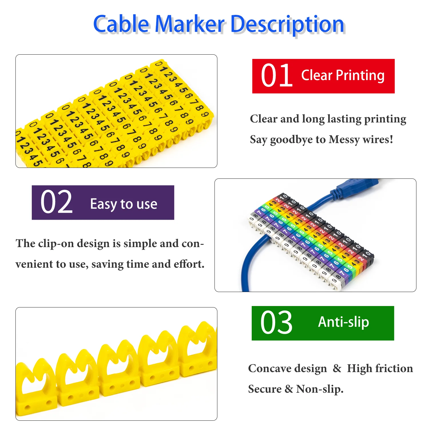 100/260PCS 	 Cable clips  Network Cable Tag label for Cat5e Cat6 Multicolor Number Tidy Marking Cord Sleeve Cable clearance